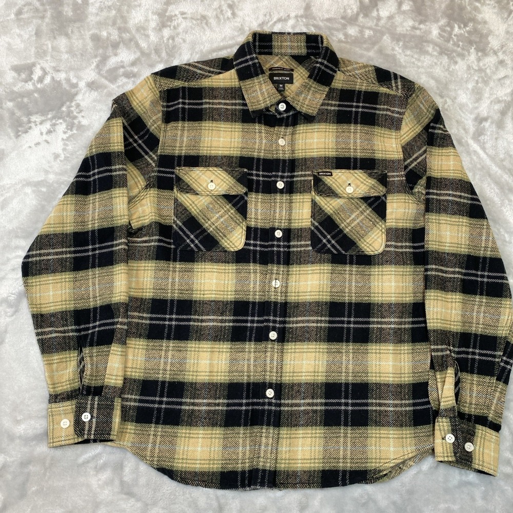 Brixton Bowery Flannel Shirt Mens Medium Tan Black Plaid Long Sleeve Button Up